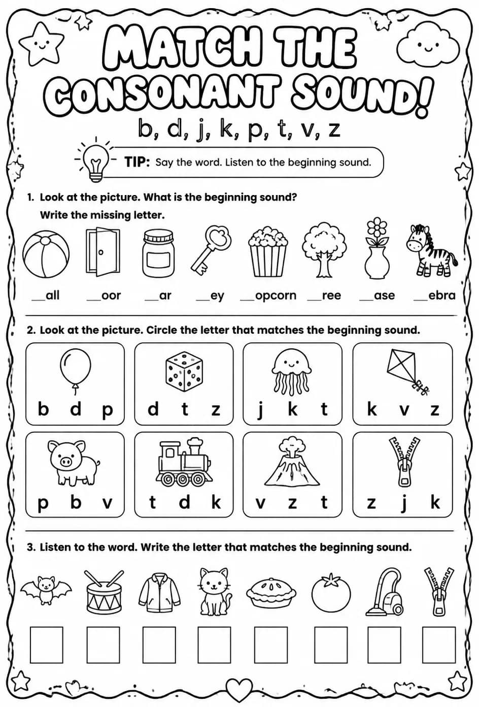 Choose the letter that matches the consonant sound: b, d, j, k, p, t, v, z — free printable Pre-K English & Reading worksheet