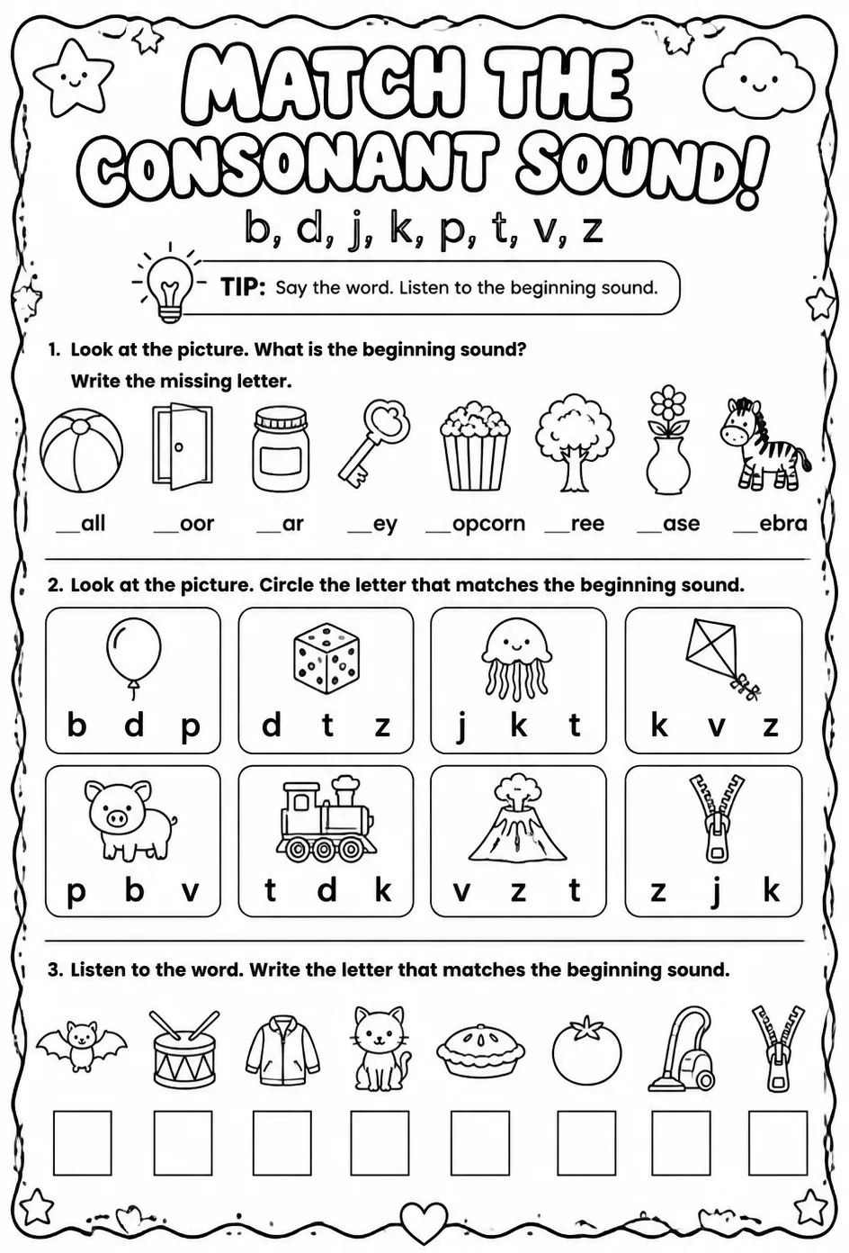 Choose the letter that matches the consonant sound: b, d, j, k, p, t, v, z — free printable Pre-K English & Reading worksheet