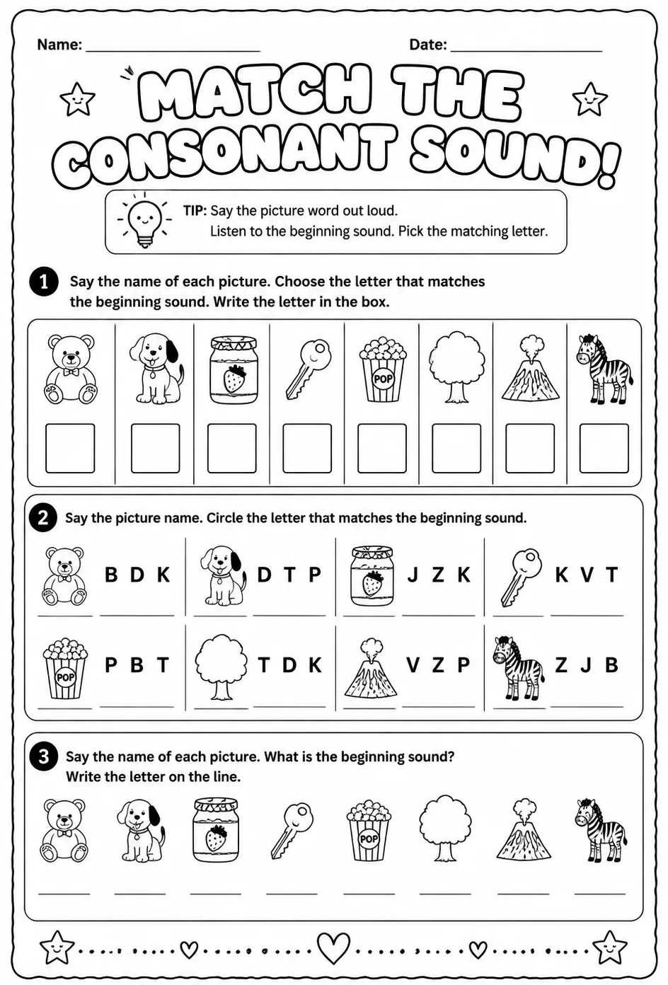 Choose the letter that matches the consonant sound: B, D, J, K, P, T, V, Z — free printable Pre-K English & Reading worksheet