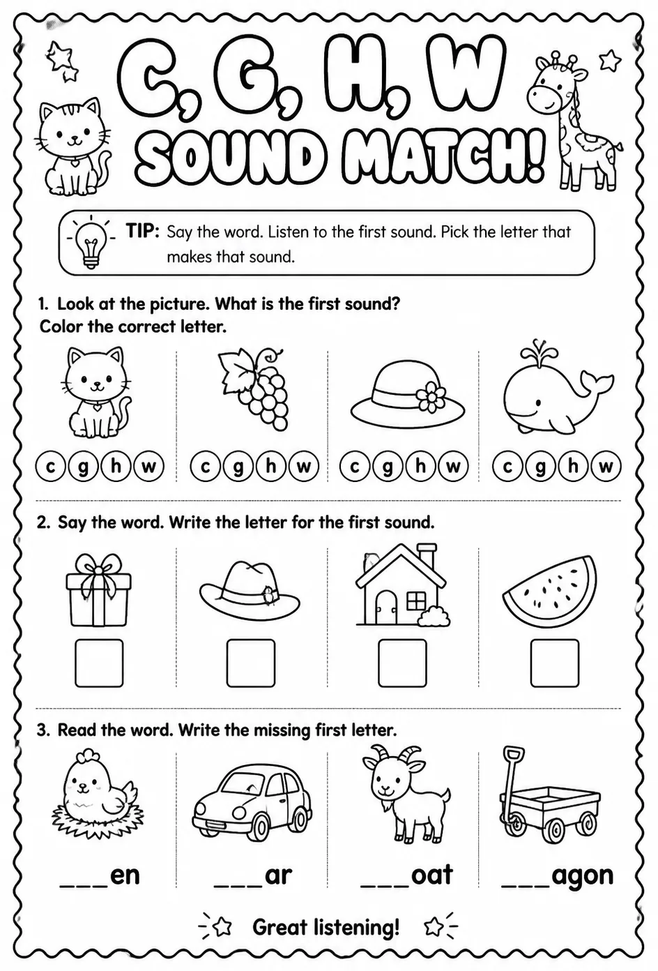 Choose the letter that matches the consonant sound: c, g, h, w — free printable Reading foundations English worksheet
