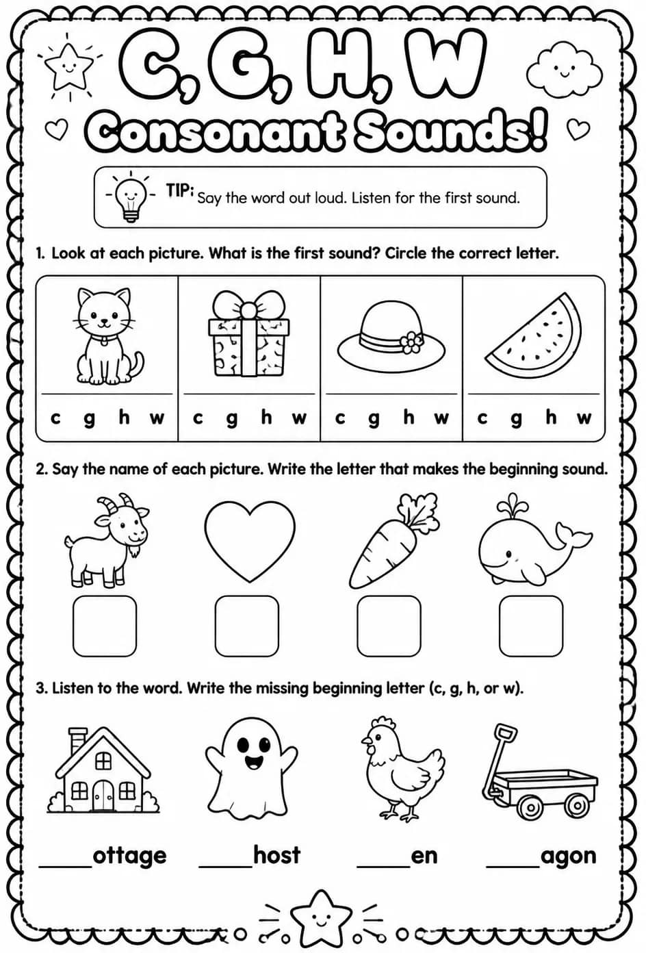 Choose the letter that matches the consonant sound: c, g, h, w — free printable Pre-K English & Reading worksheet