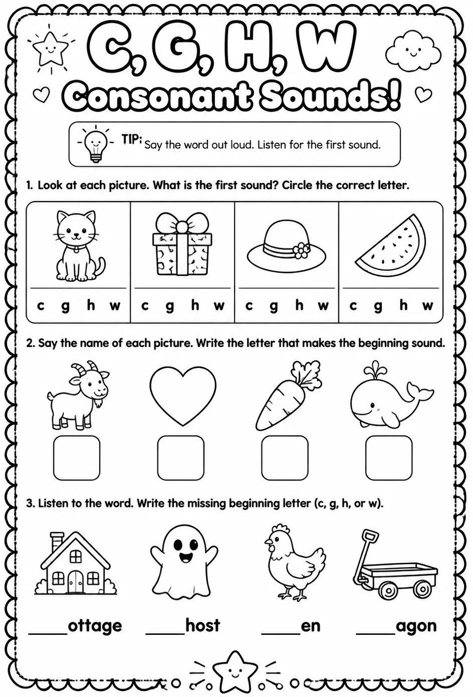 Choose the letter that matches the consonant sound: c, g, h, w — free printable Pre-K English & Reading worksheet