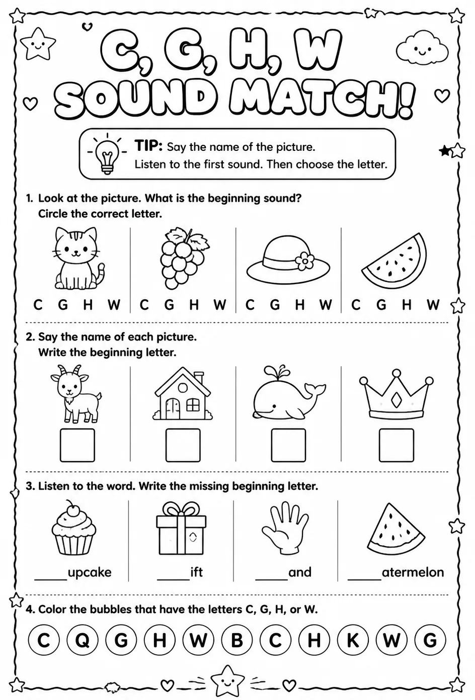 Choose the letter that matches the consonant sound: C, G, H, W — free printable Pre-K English & Reading worksheet