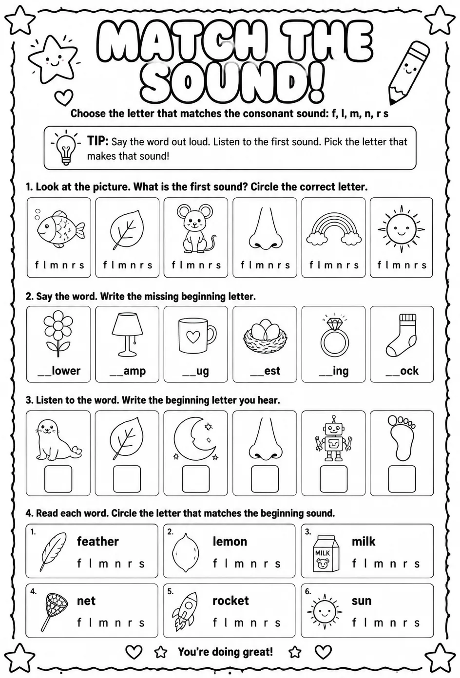 Choose the letter that matches the consonant sound: f, l, m, n, r, s — free printable Reading foundations English worksheet