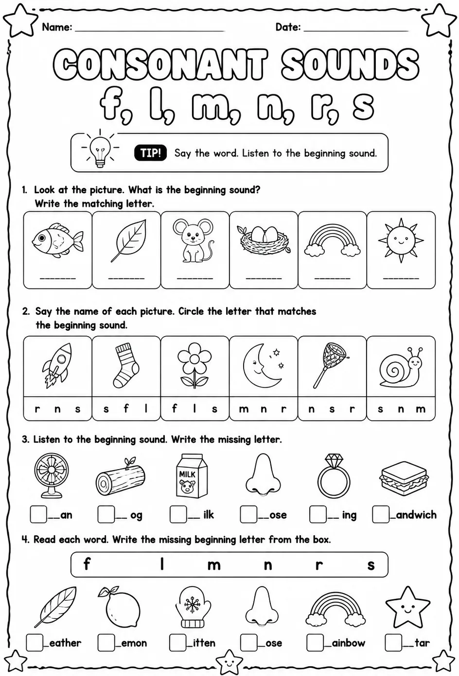 Choose the letter that matches the consonant sound: f, l, m, n, r, s — free printable Pre-K English & Reading worksheet