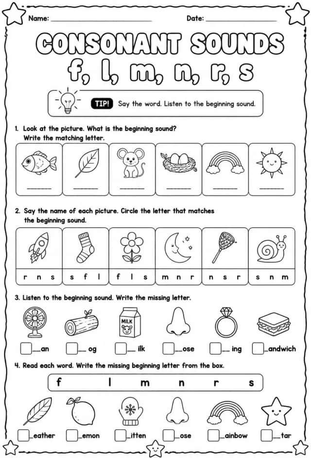 Choose the letter that matches the consonant sound: f, l, m, n, r, s