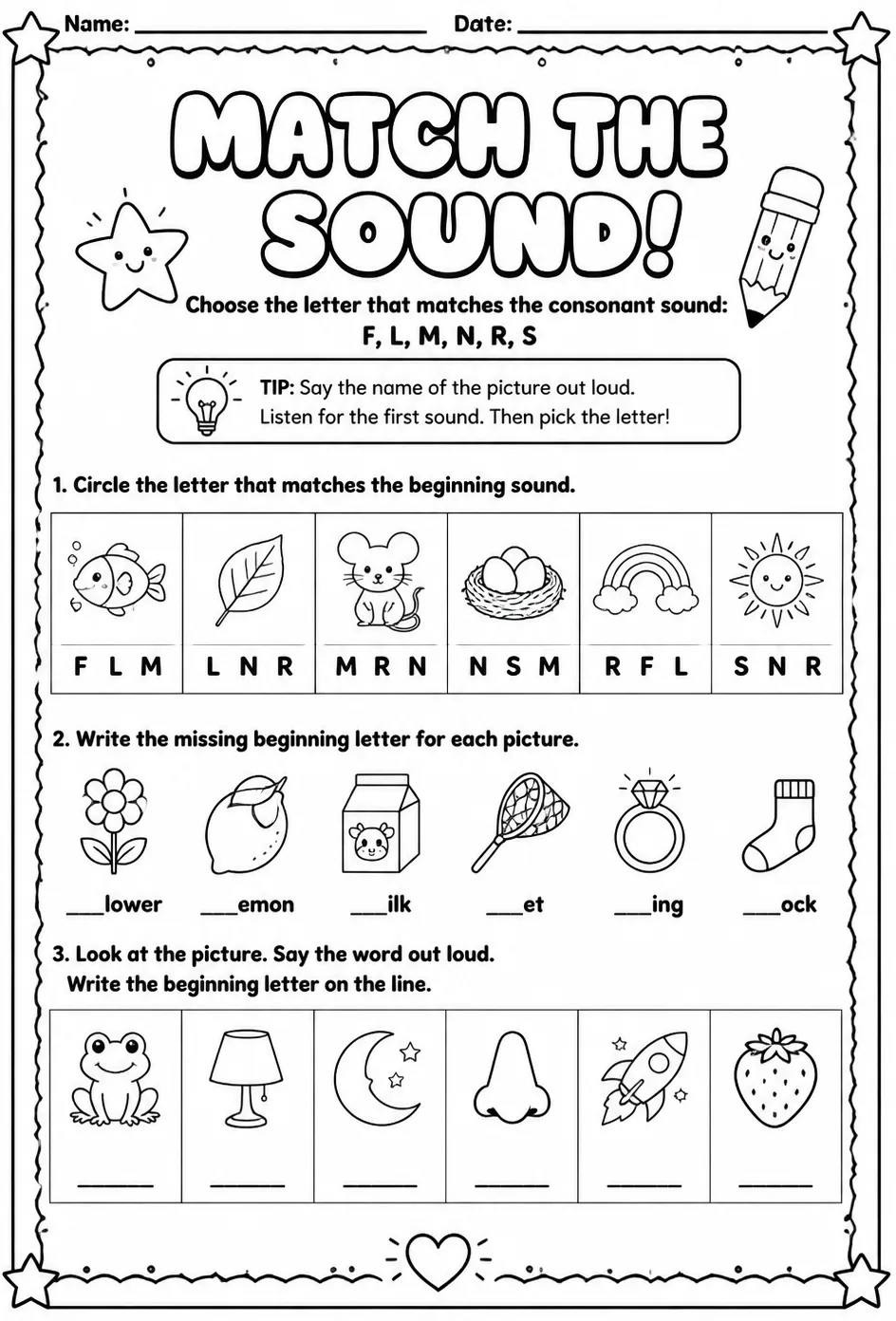 Choose the letter that matches the consonant sound: F, L, M, N, R, S — free printable Pre-K English & Reading worksheet