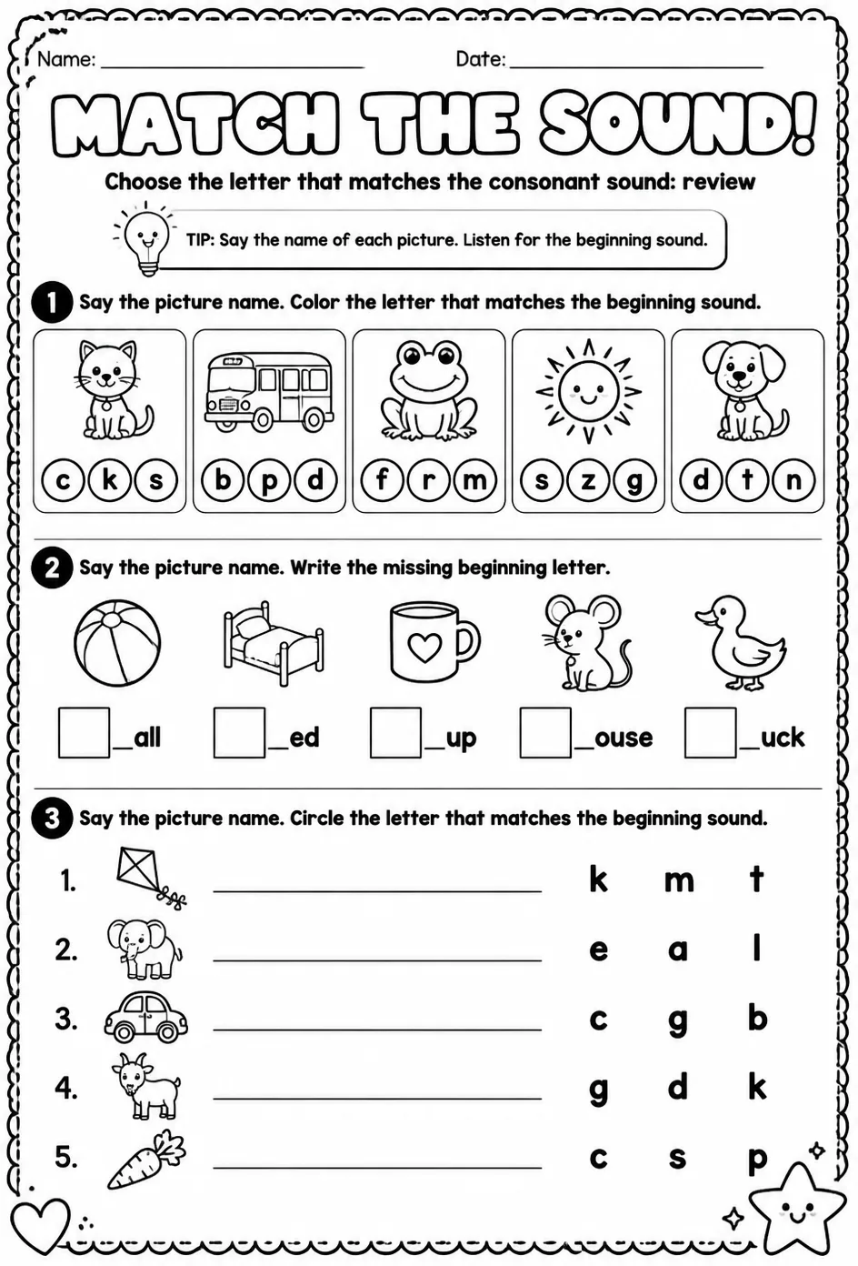 Choose the letter that matches the consonant sound: review — free printable Reading foundations English worksheet