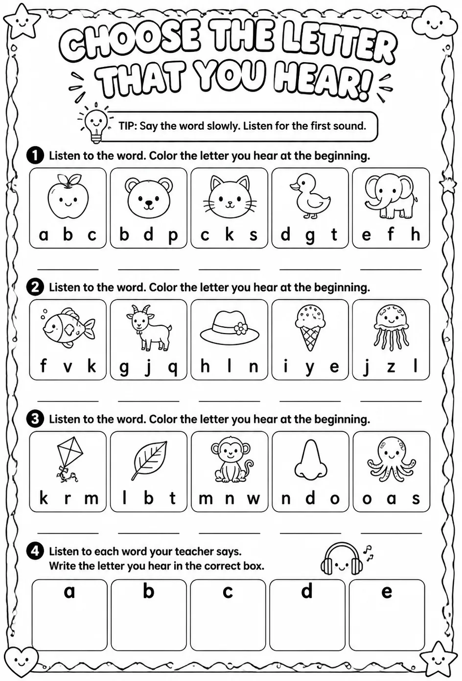 Choose the letter that you hear — free printable Reading foundations English worksheet