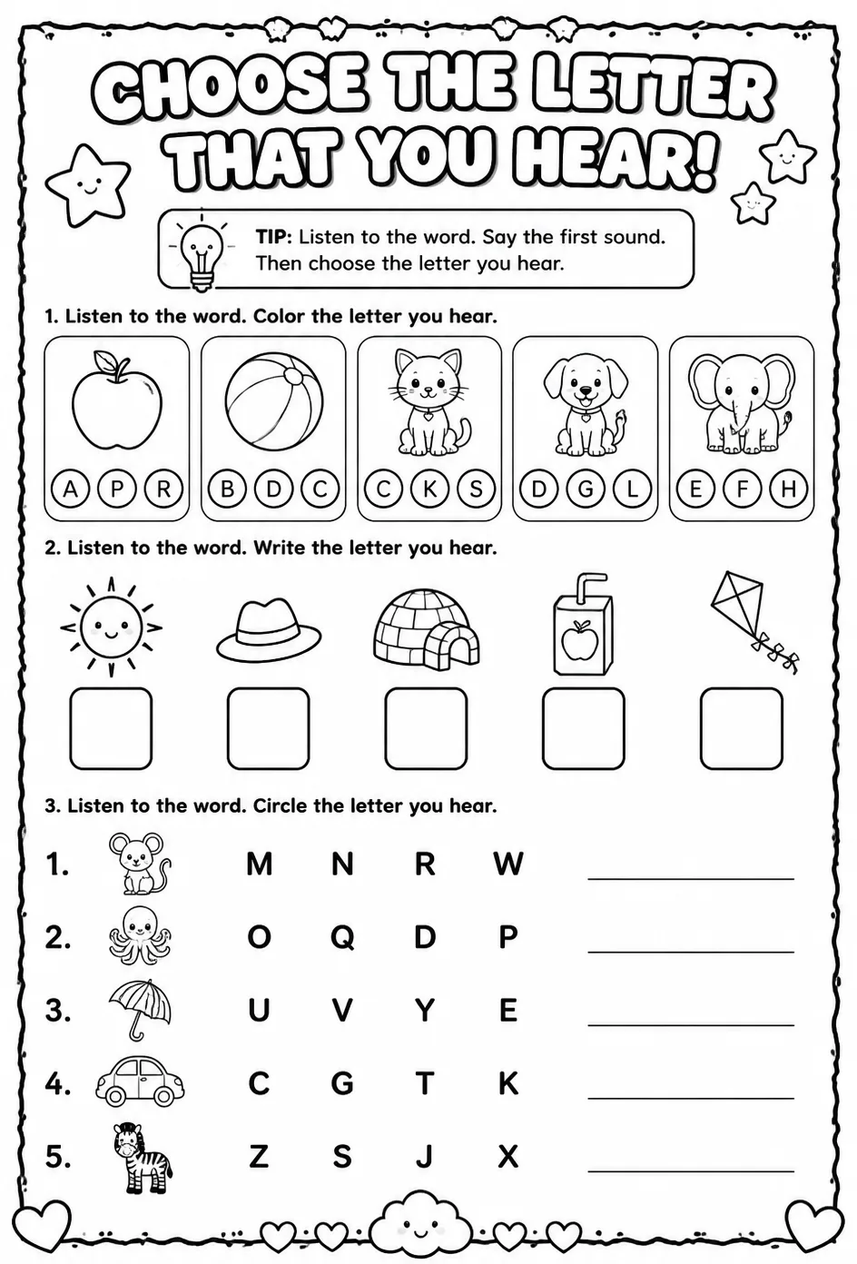 Choose the letter that you hear — free printable Pre-K English & Reading worksheet