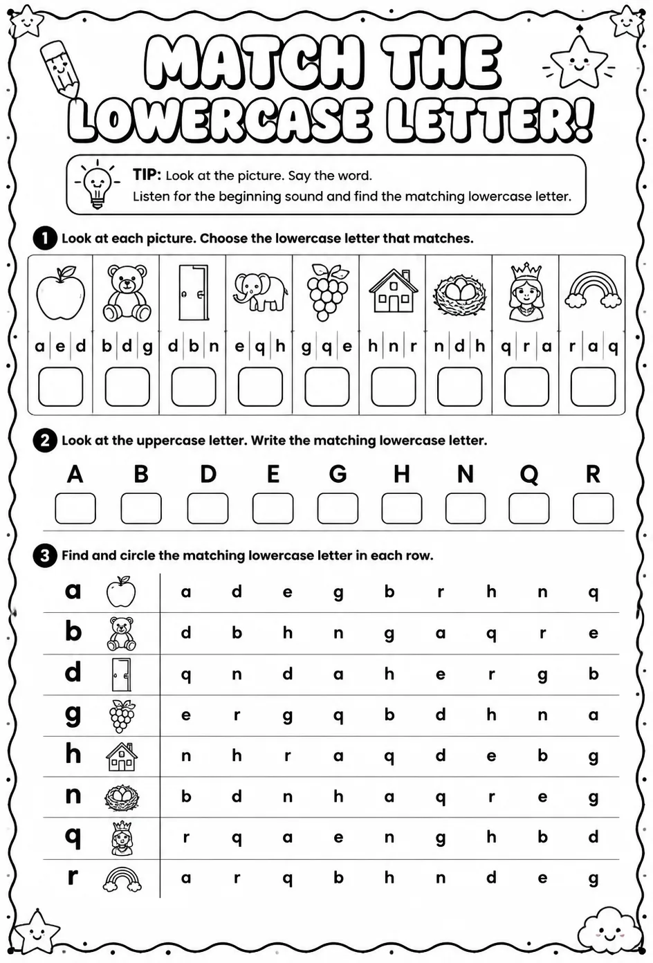 Choose the lowercase letter that matches: a, b, d, e, g, h, n, q, r — free printable Pre-K English & Reading worksheet