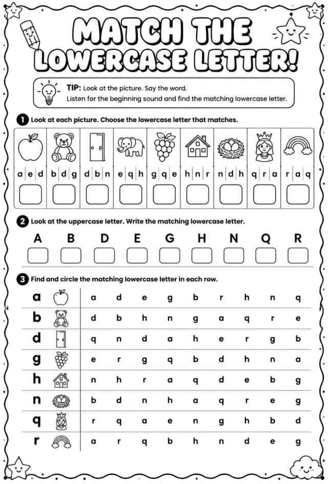 Choose the lowercase letter that matches: a, b, d, e, g, h, n, q, r