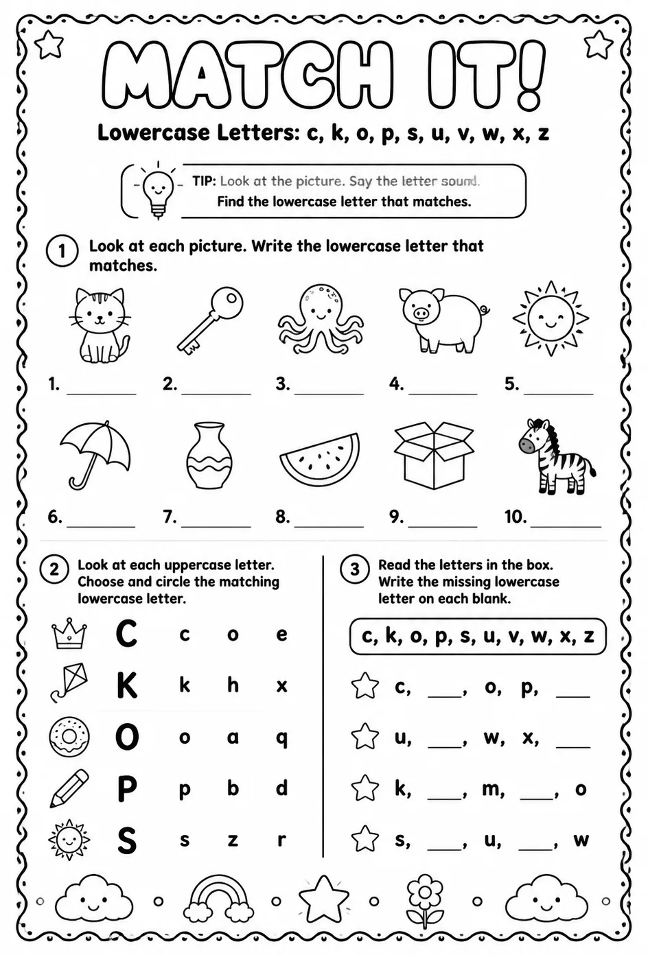 Choose the lowercase letter that matches: c, k, o, p, s, u, v, w, x, z — free printable Pre-K English & Reading worksheet