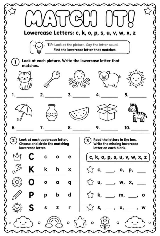 Choose the lowercase letter that matches: c, k, o, p, s, u, v, w, x, z