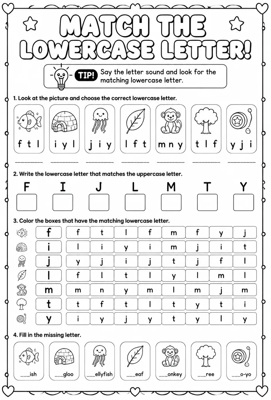Choose the lowercase letter that matches: f, i, j, l, m, t, y — free printable Pre-K English & Reading worksheet