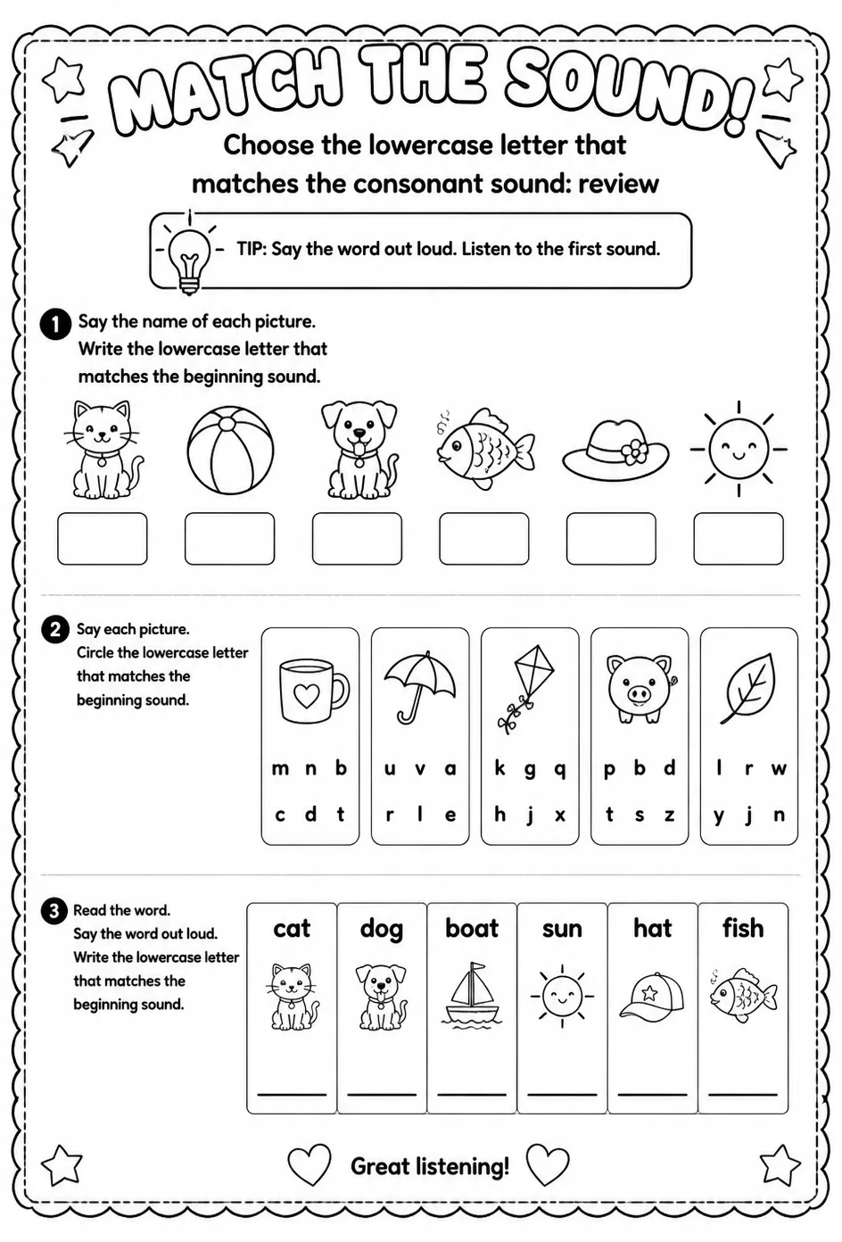 Choose the lowercase letter that matches the consonant sound: review — free printable Pre-K English & Reading worksheet