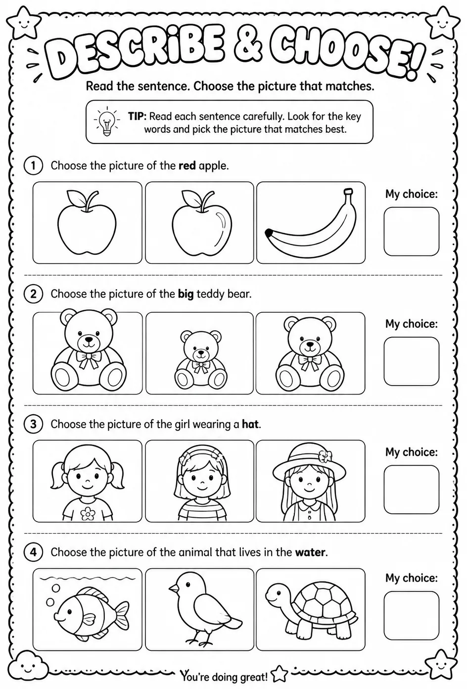 Choose the picture that matches the descriptive sentence — free printable Kindergarten English & Reading worksheet