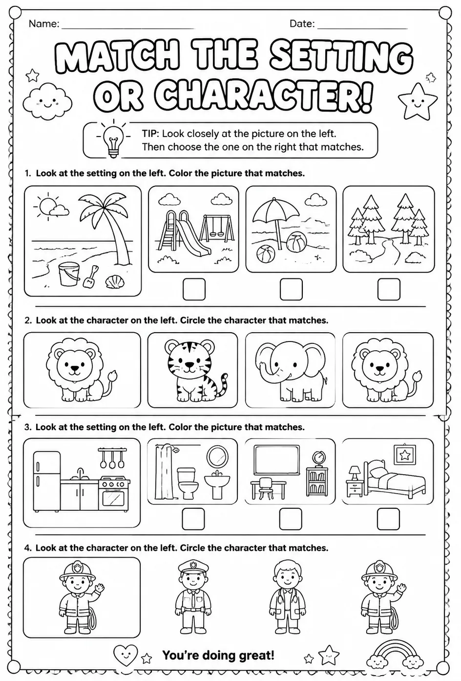 Choose the picture that matches the setting or character — free printable Kindergarten English & Reading worksheet