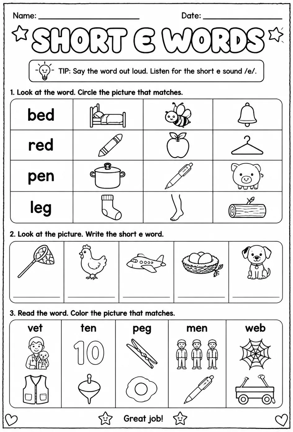 Choose the picture that matches the short e word — free printable Reading foundations English worksheet