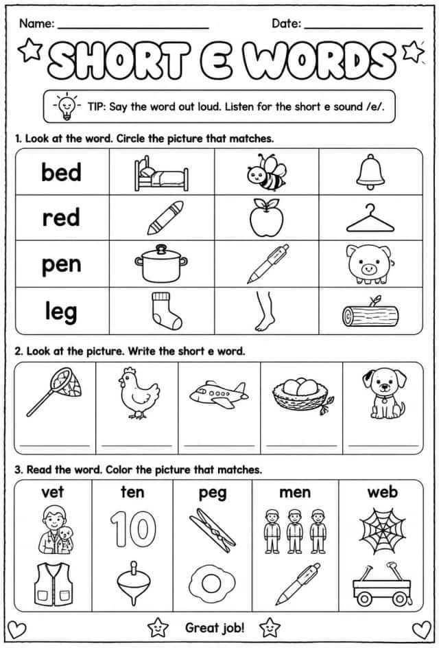 Choose the picture that matches the short e word