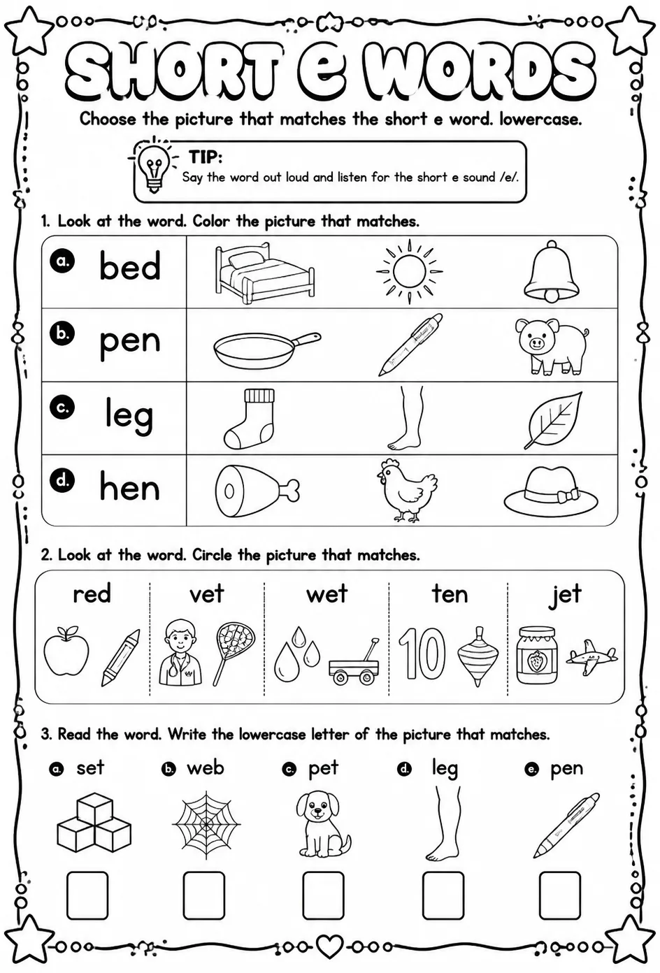 Choose the picture that matches the short e word: lowercase — free printable Pre-K English & Reading worksheet