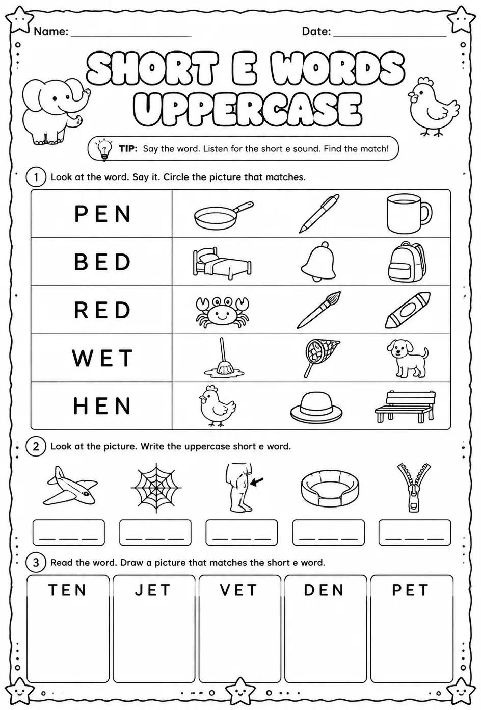 Choose the picture that matches the short e word: uppercase — free printable Pre-K English & Reading worksheet