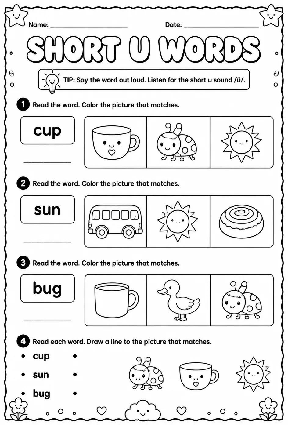 Choose the picture that matches the short u word — free printable Reading foundations English worksheet