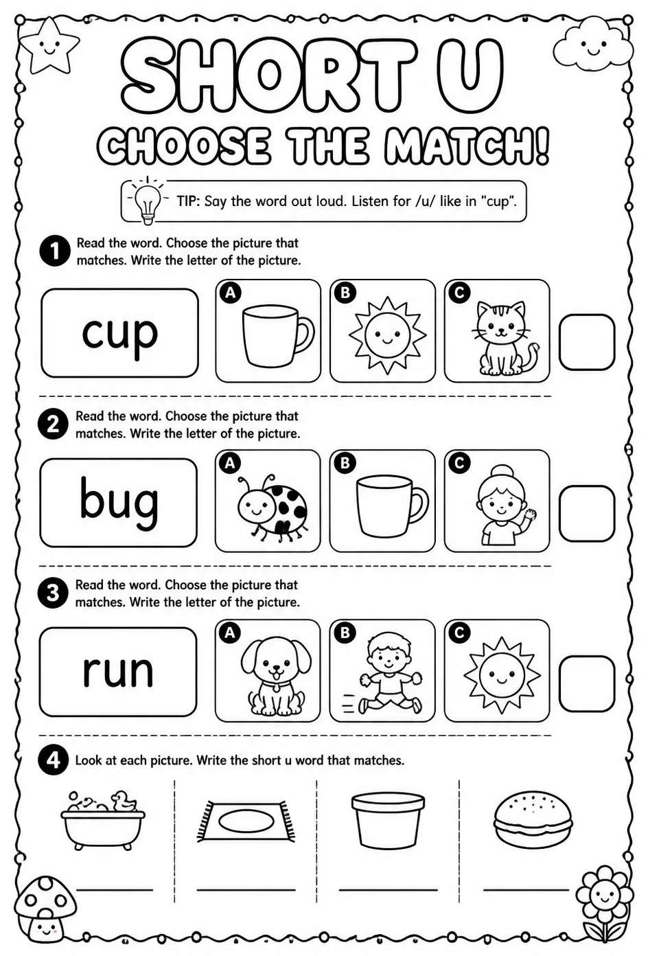 Choose the picture that matches the short u word: lowercase — free printable Pre-K English & Reading worksheet