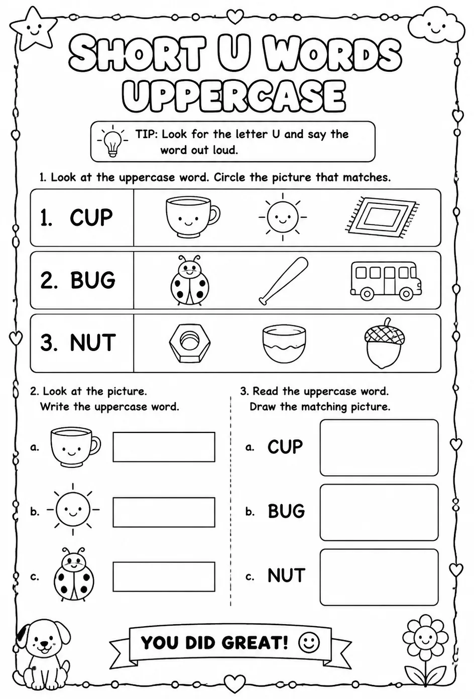 Choose the picture that matches the short u word: uppercase — free printable Pre-K English & Reading worksheet