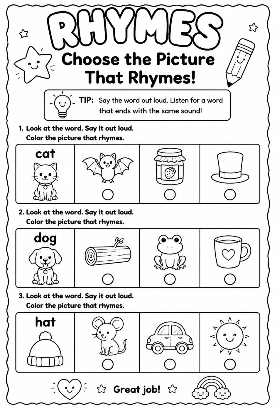 Choose the picture that rhymes with the word — free printable Reading foundations English worksheet