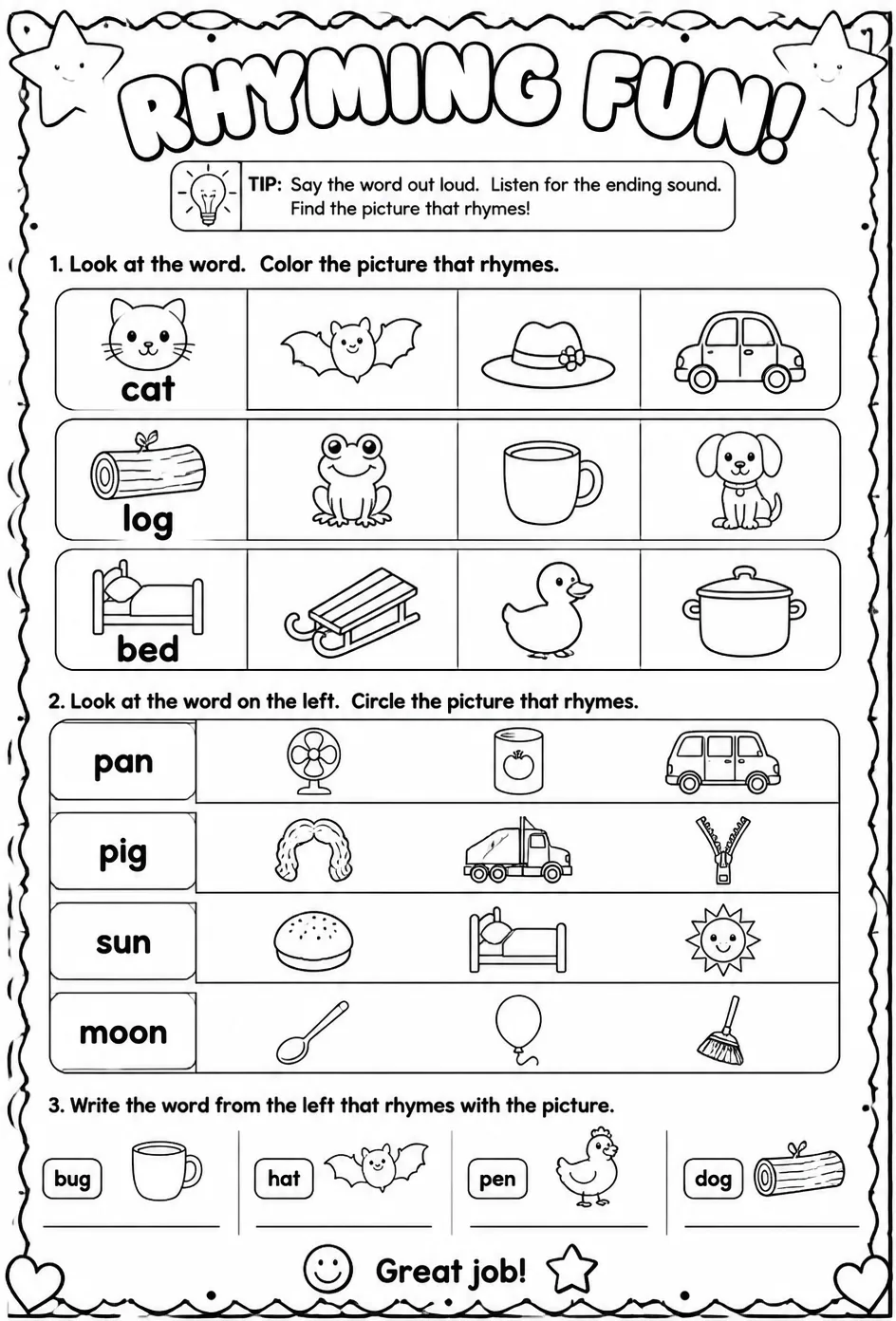 Choose the picture that rhymes with the word — free printable Pre-K English & Reading worksheet