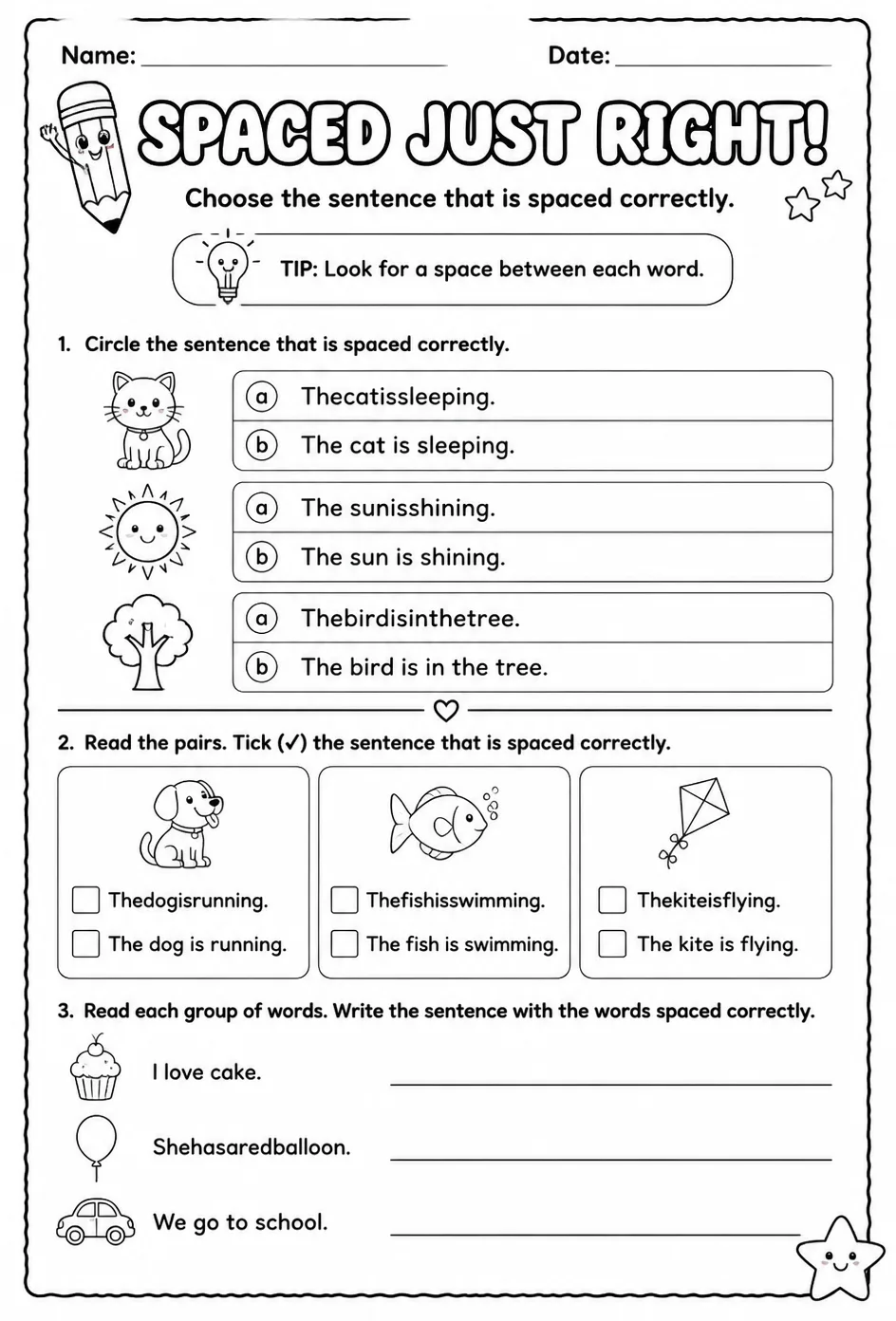 Choose the sentence that is spaced correctly — free printable Reading foundations English worksheet