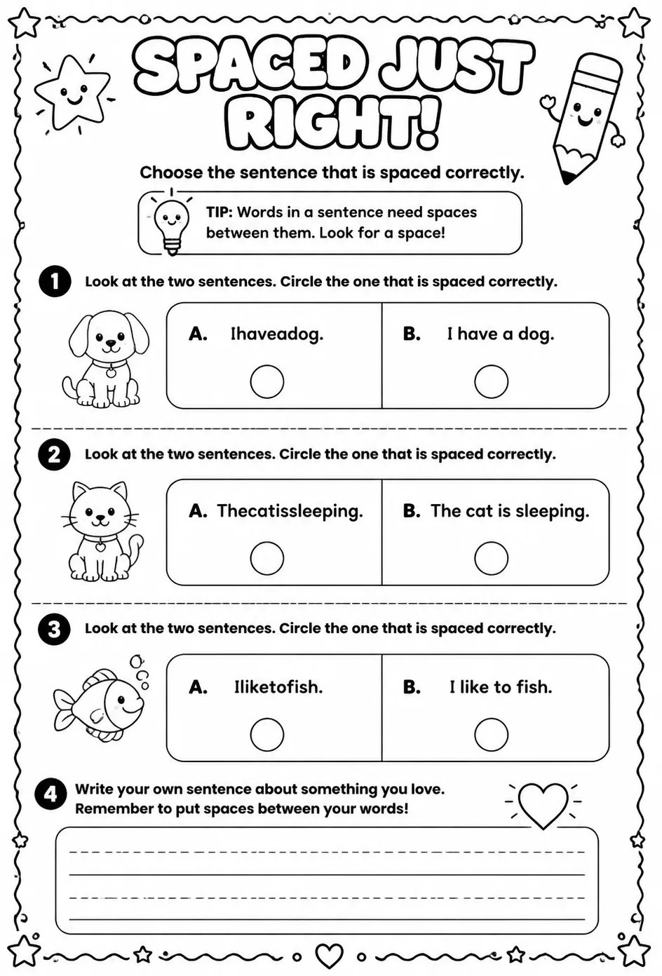 Choose the sentence that is spaced correctly — free printable Pre-K English & Reading worksheet