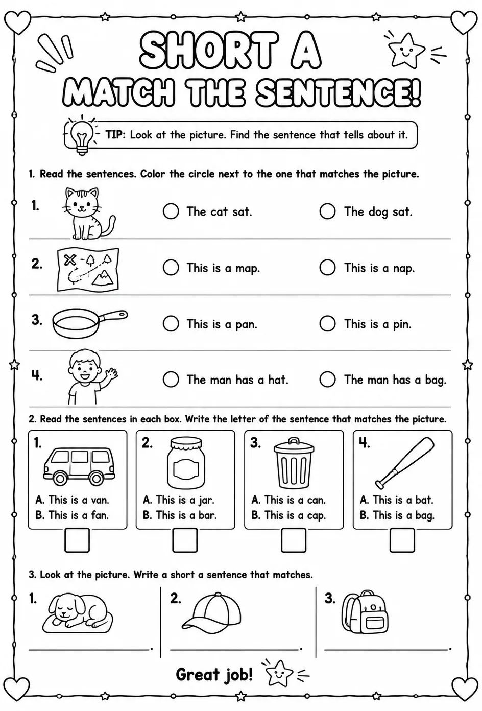 Choose the short a sentence that matches the picture — free printable Reading foundations English worksheet