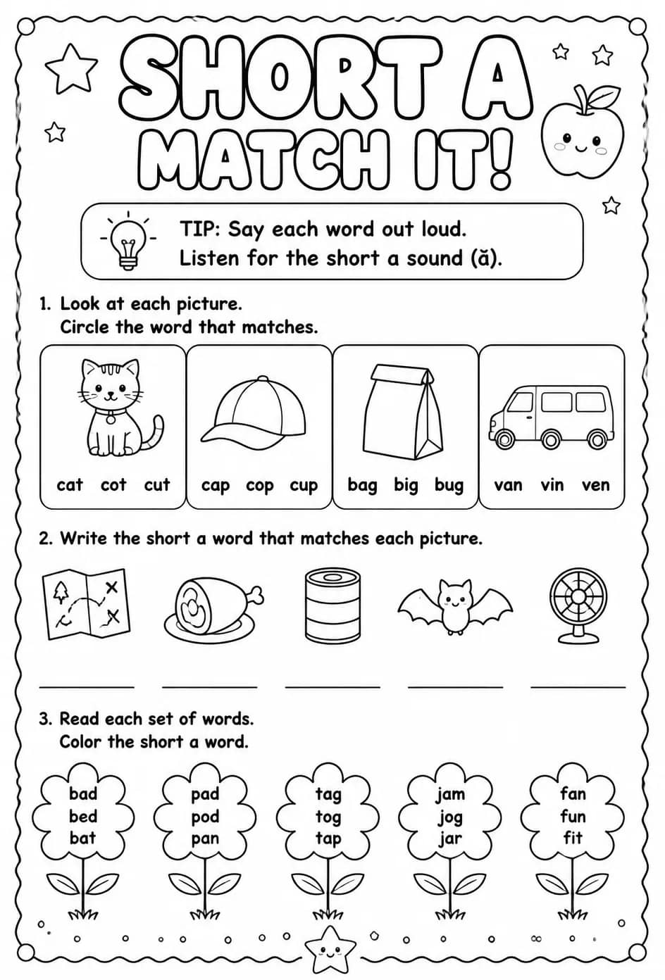 Choose the short a word that matches the picture — free printable Reading foundations English worksheet