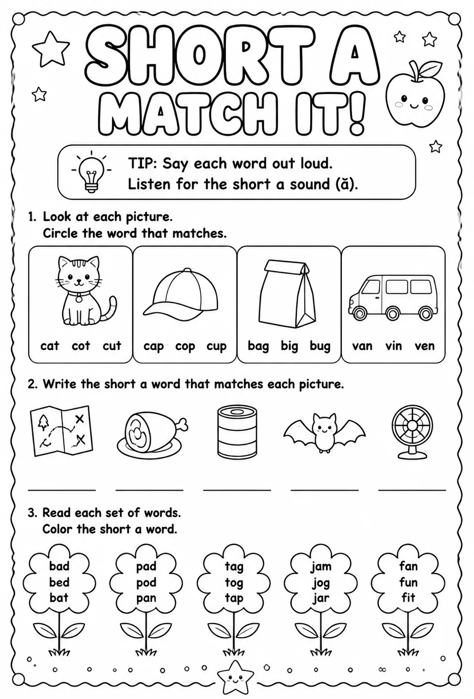 Choose the short a word that matches the picture — free printable Reading foundations English worksheet