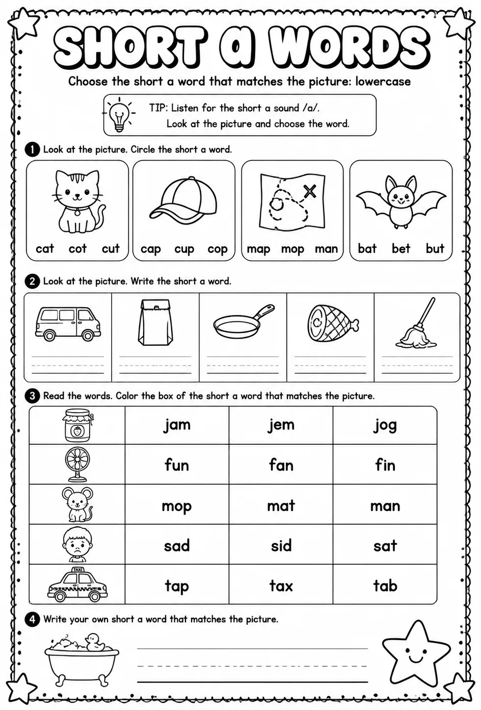Choose the short a word that matches the picture: lowercase — free printable Pre-K English & Reading worksheet