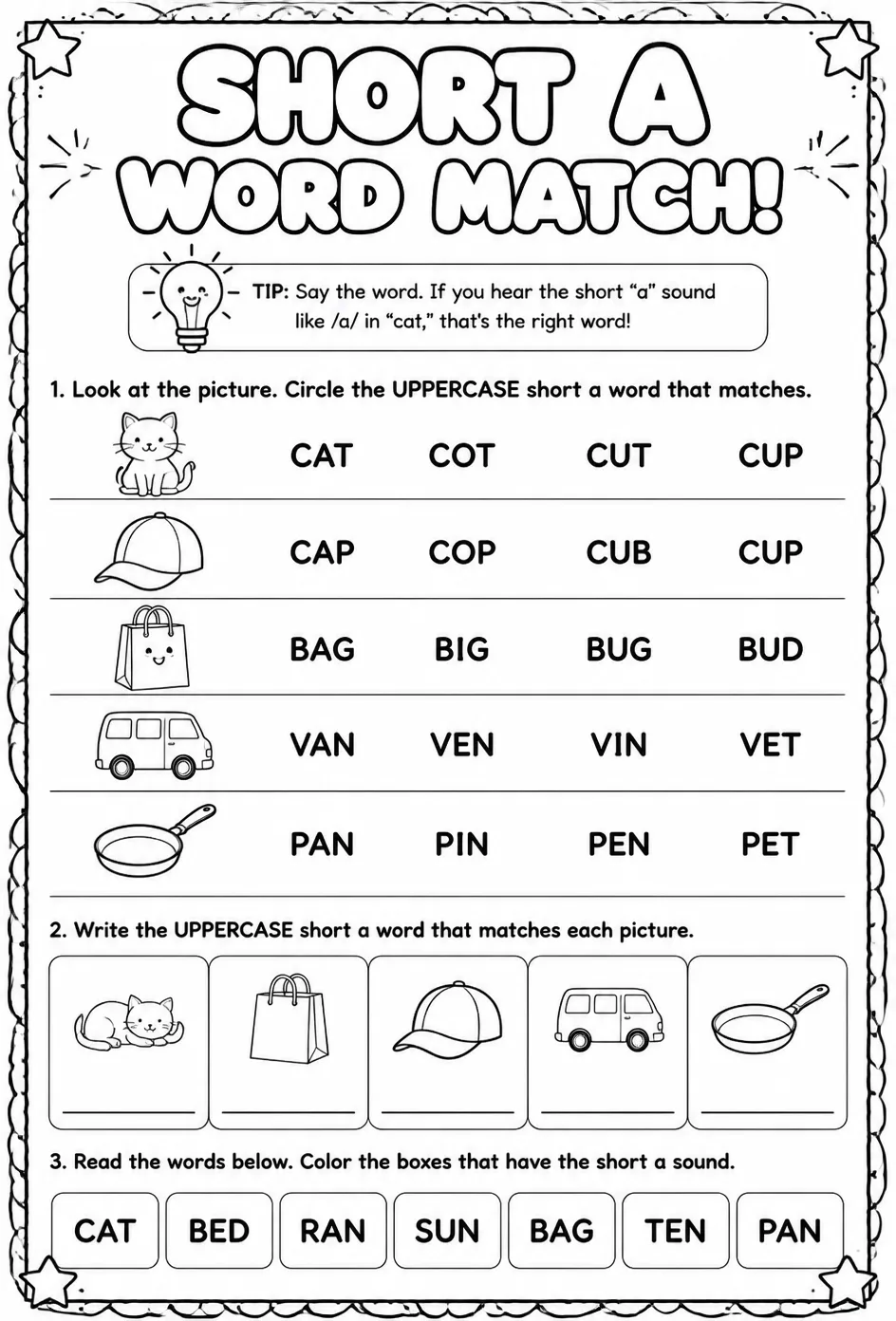 Choose the short a word that matches the picture: uppercase — free printable Pre-K English & Reading worksheet