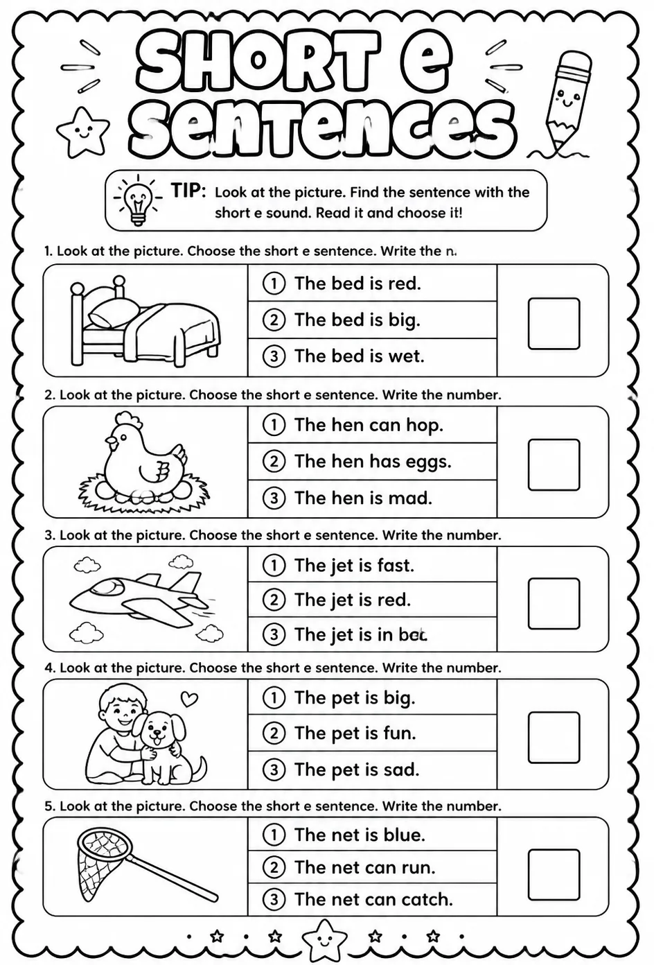 Choose the short e sentence that matches the picture — free printable Reading foundations English worksheet