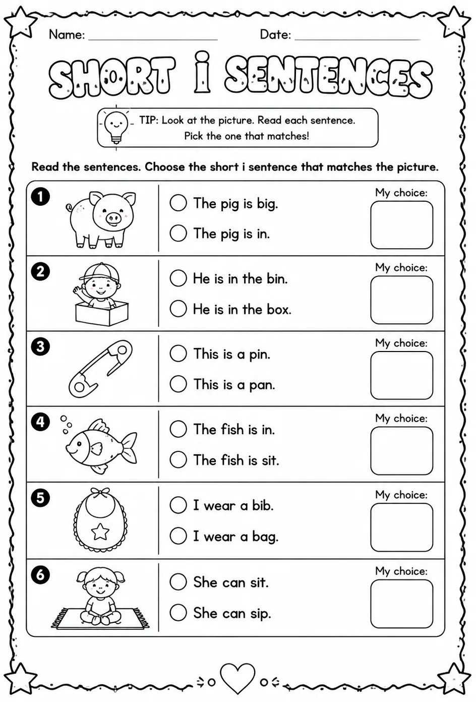 Choose the short i sentence that matches the picture — free printable Reading foundations English worksheet