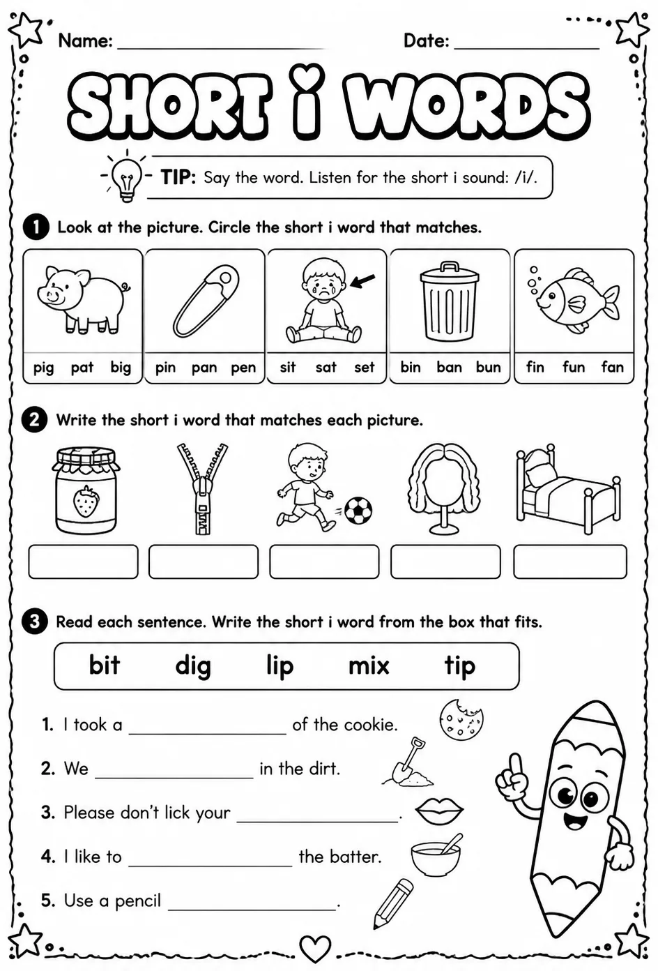 Choose the short i word that matches the picture — free printable Reading foundations English worksheet