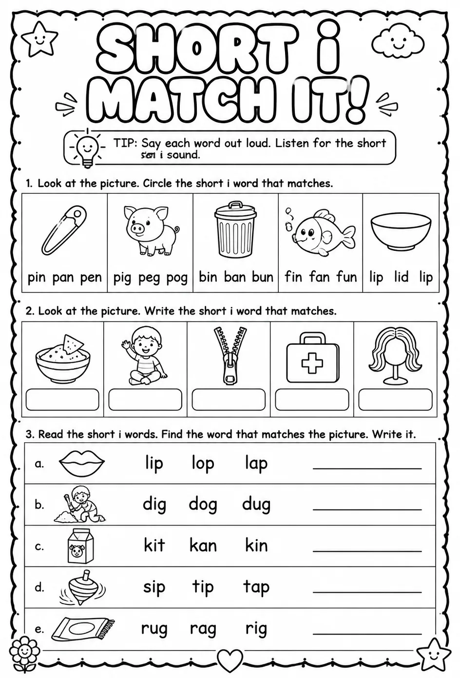 Choose the short i word that matches the picture: lowercase — free printable Pre-K English & Reading worksheet