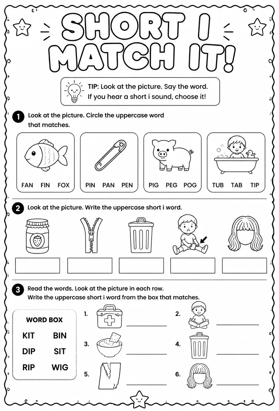 Choose the short i word that matches the picture: uppercase — free printable Pre-K English & Reading worksheet