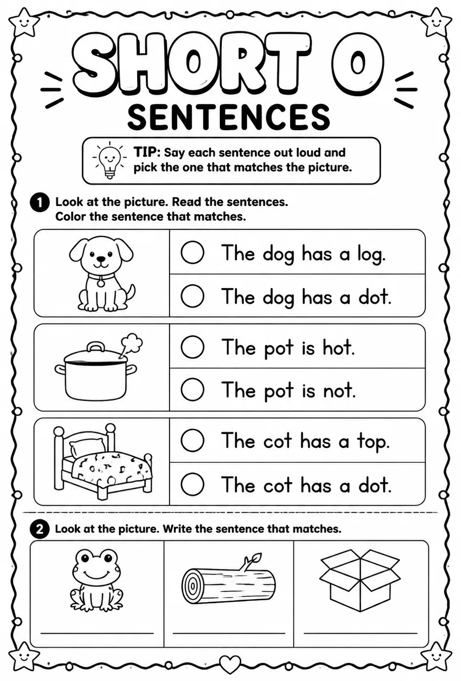 Choose the short o sentence that matches the picture — free printable Reading foundations English worksheet