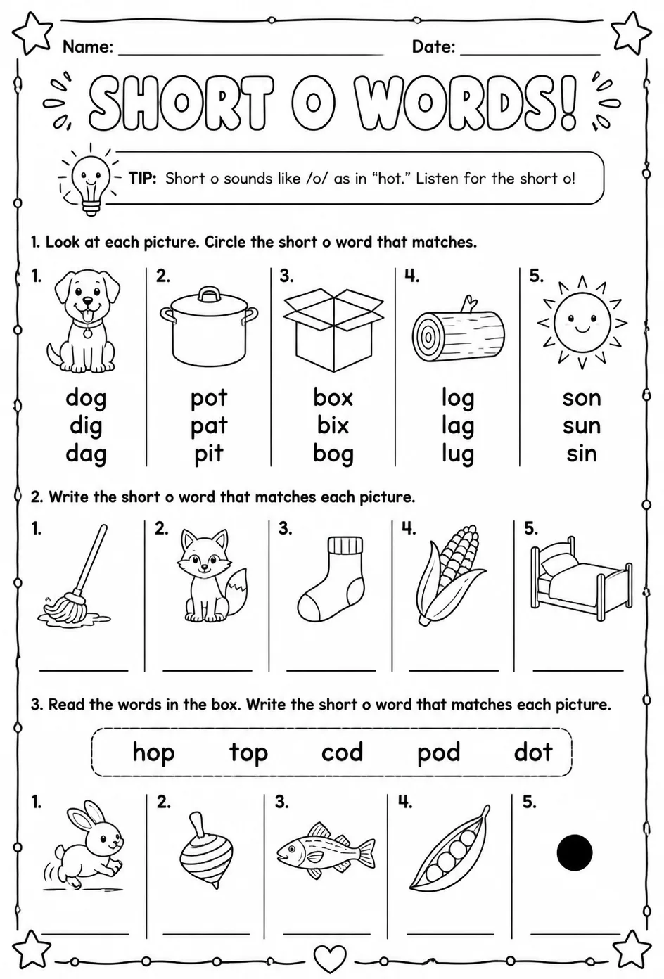Choose the short o word that matches the picture — free printable Reading foundations English worksheet