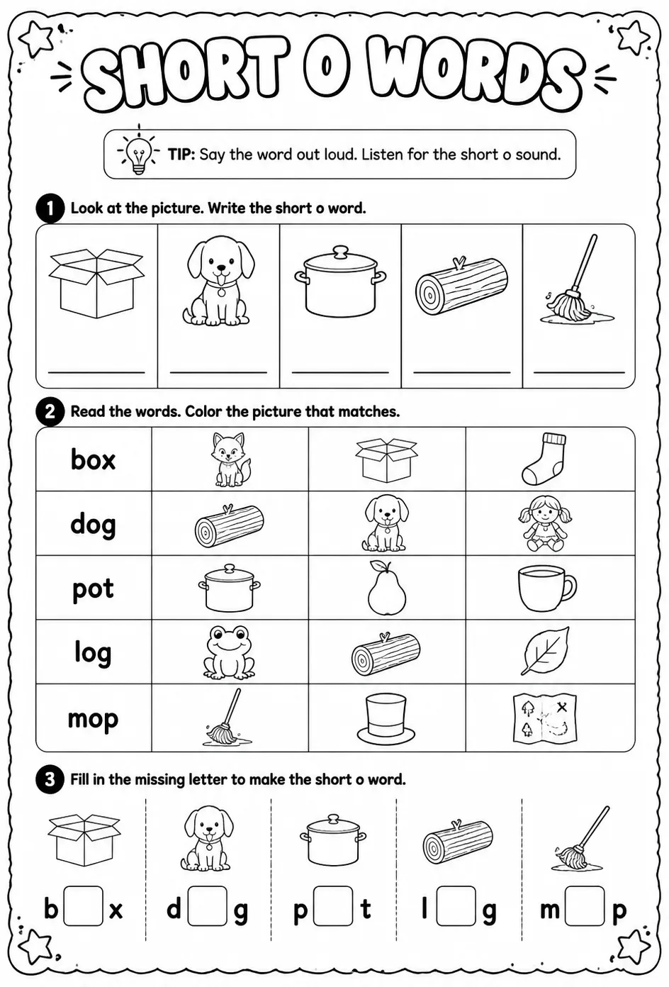 Choose the short o word that matches the picture: lowercase — free printable Pre-K English & Reading worksheet