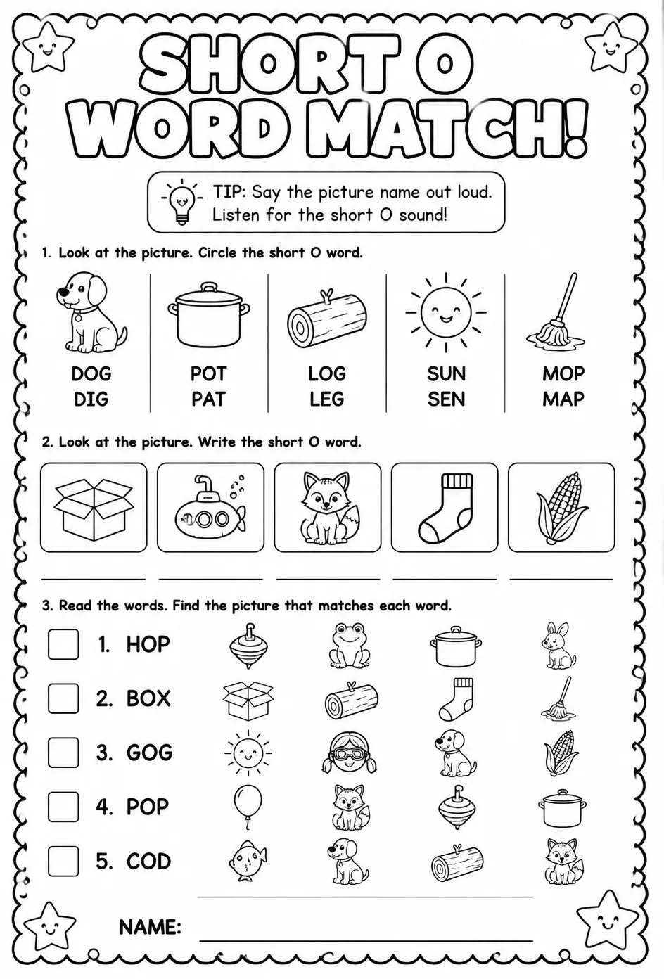 Choose the short o word that matches the picture: uppercase — free printable Pre-K English & Reading worksheet