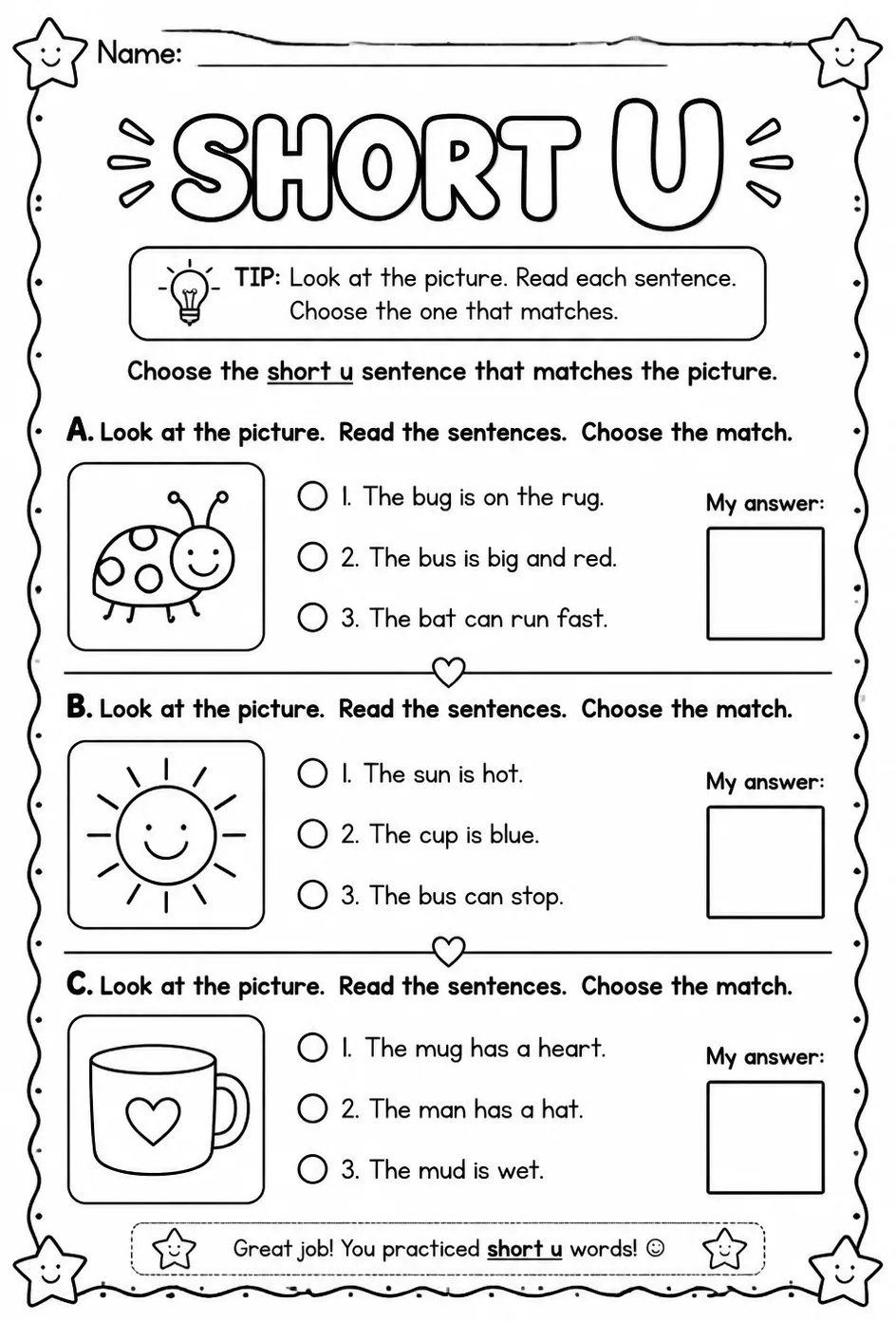 Choose the short u sentence that matches the picture — free printable Reading foundations English worksheet