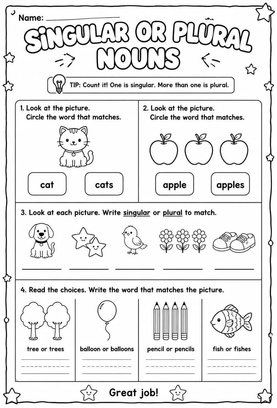 Choose the singular or plural noun that matches the picture — free printable Kindergarten English & Reading worksheet