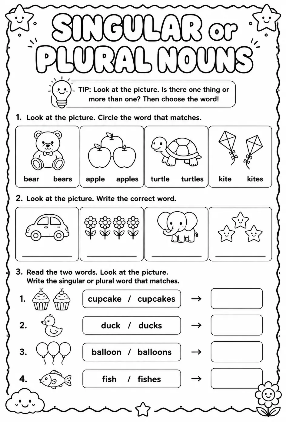 Choose the singular or plural noun that matches the picture — free printable Pre-K English & Reading worksheet